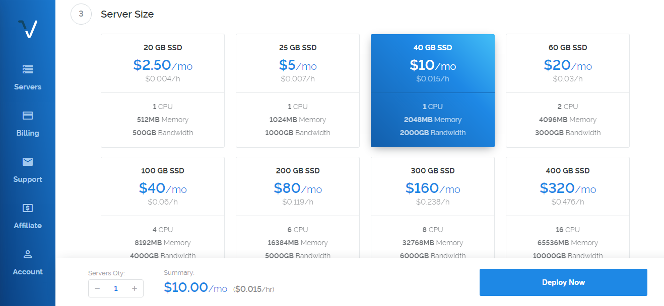 Choose a server size on Vultr