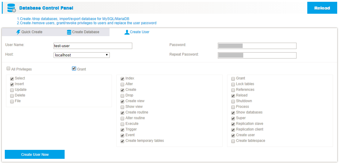 Create MySQL user page