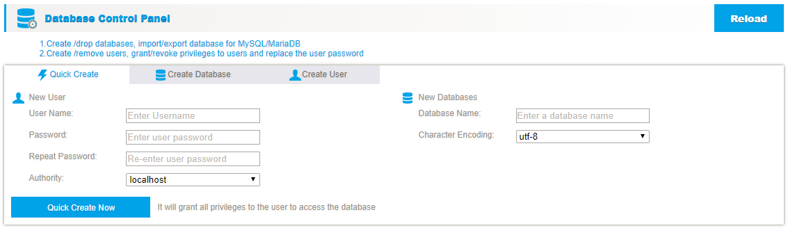 Database control panel