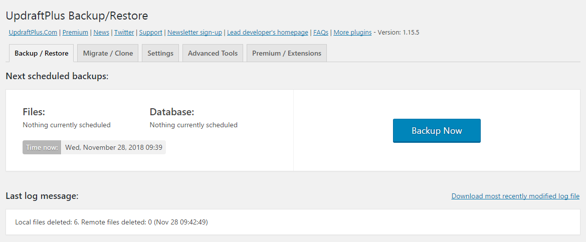 Updraftplus Backup Now