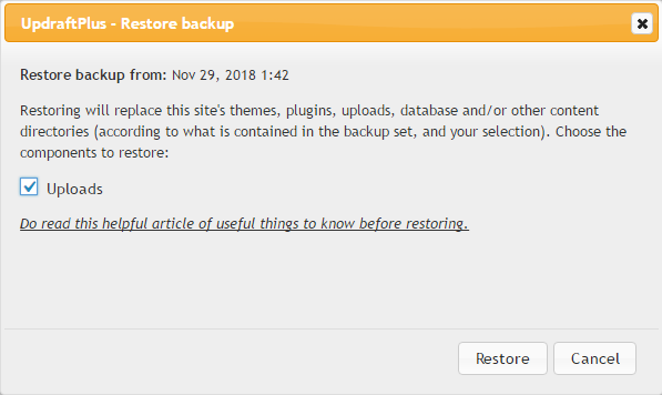 Updraftplus restores backups