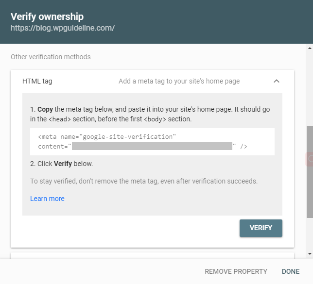 HTML tag verification in Google search console