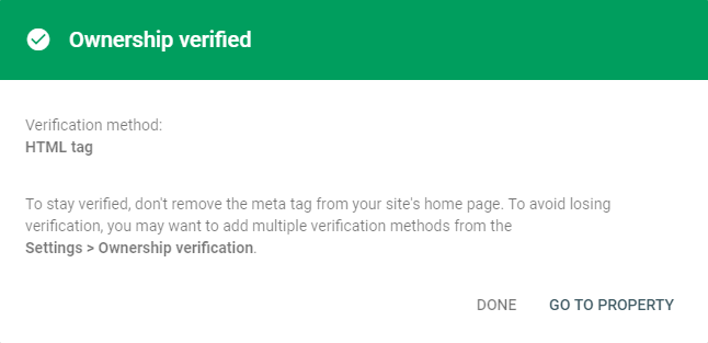 Website verified in Google search console