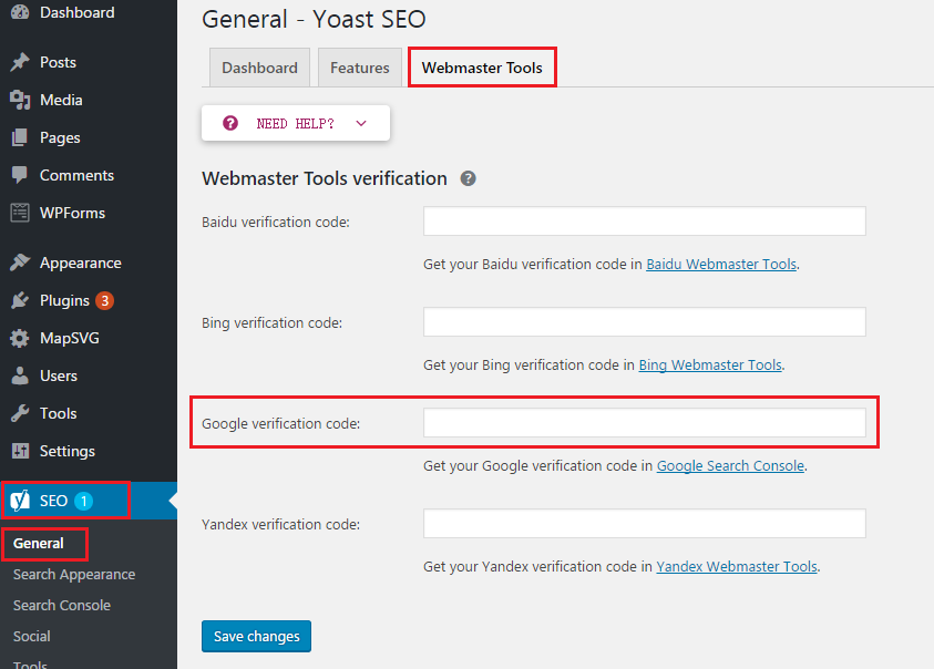 Verify website with Yoast SEO plugin