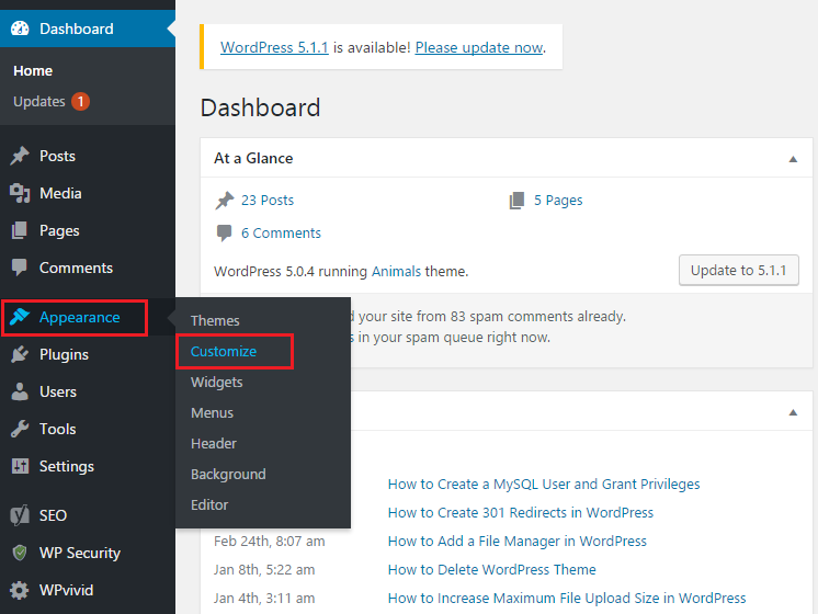 visit Appearence and Customize option in WordPress dashboard