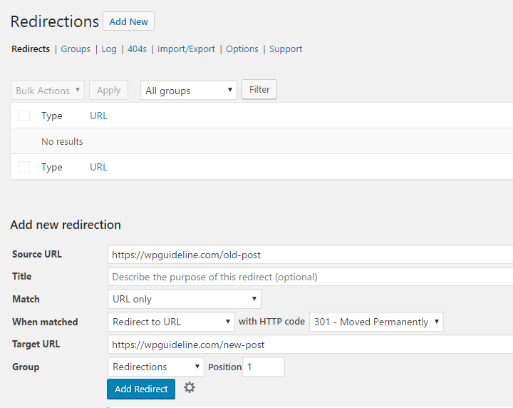 Create 301 redirect with Redirection plugin