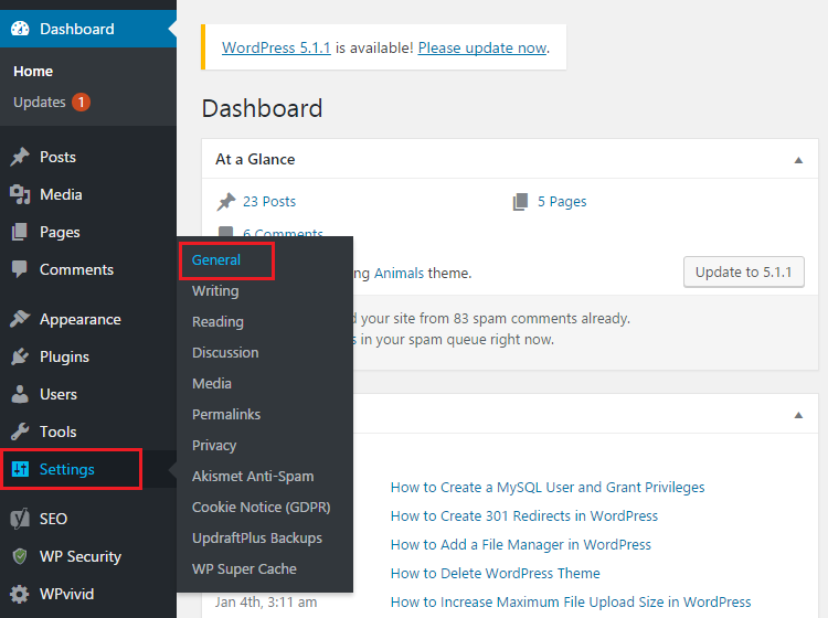 Visit Settings and General suboption in WordPress dashboard