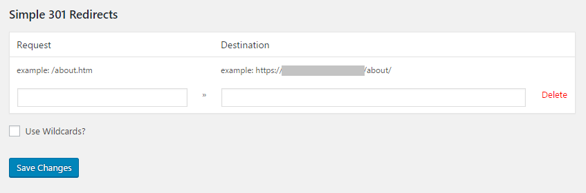 The interface of Simple 301 Redirects