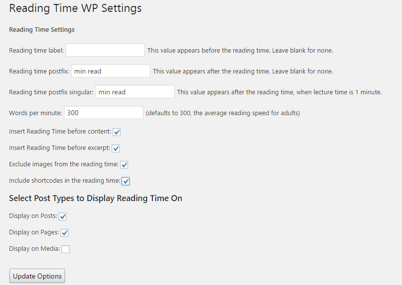 Reading Time WP Settings