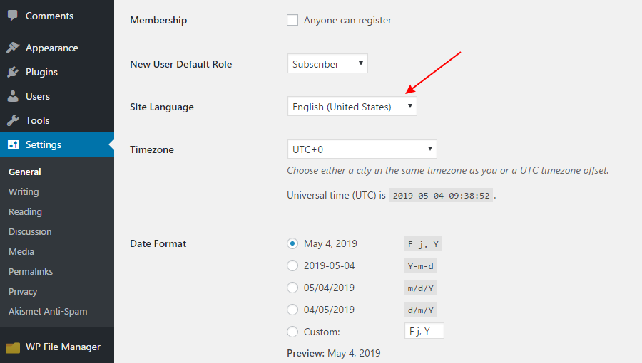 Change WordPress language
