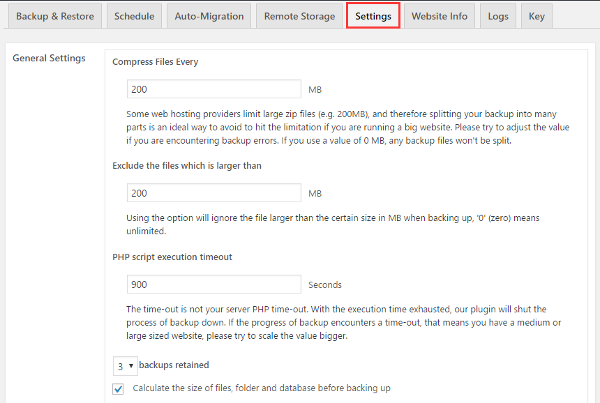 General settings of WPvivid backup plugin