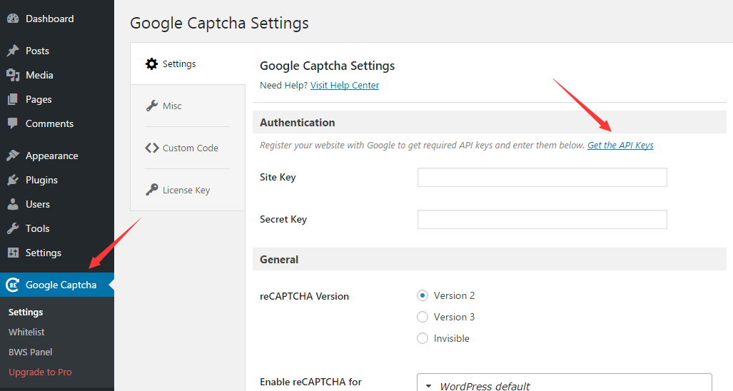 Google Captcha settings