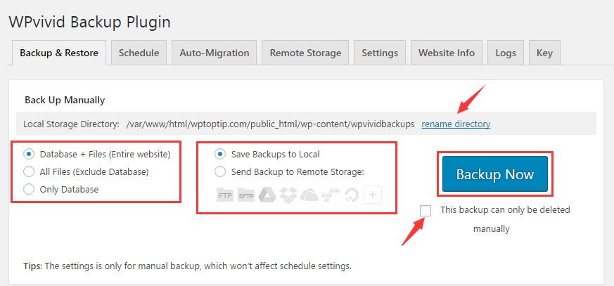 Manual backup settings