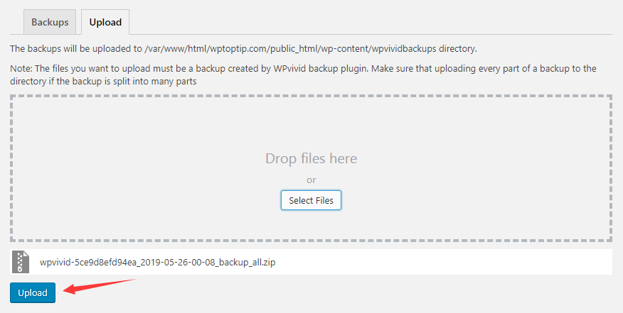 Upload the selected backup