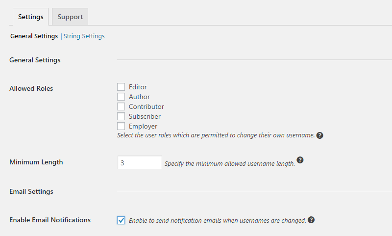 Username changer settings