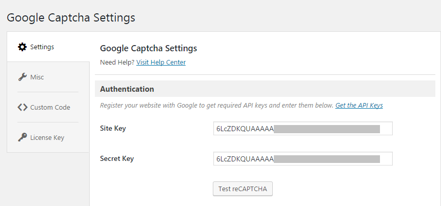 Copy and paste site and secret key in Googel reCaptcha