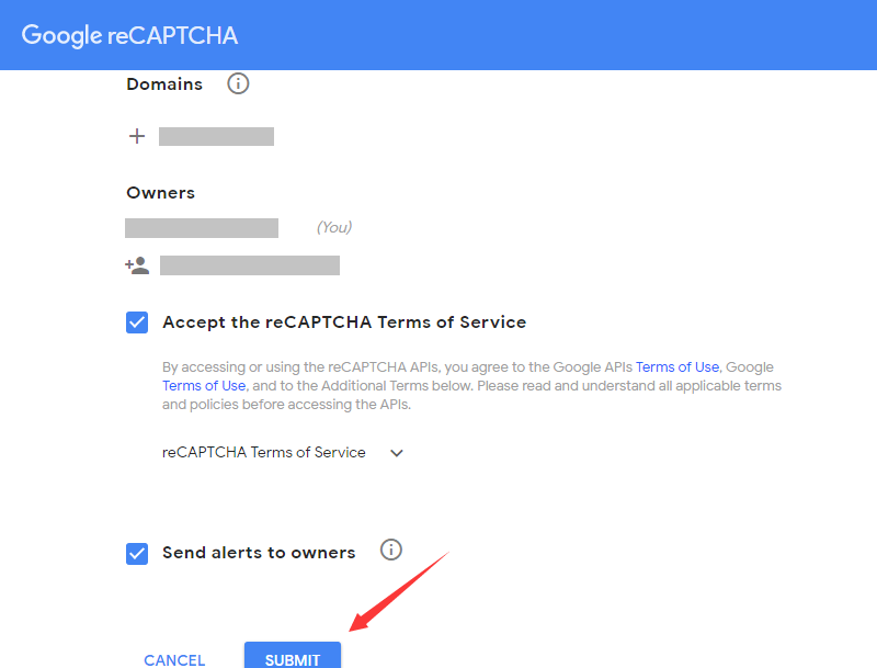 Fill out the requested information on Google reCAPTCHA.