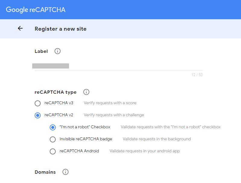 Register a site on Google reCAPTCHA
