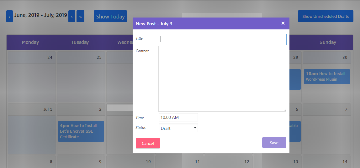 Create a new post in post schedule calendar