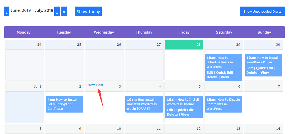 Create a new post in schedule calendar