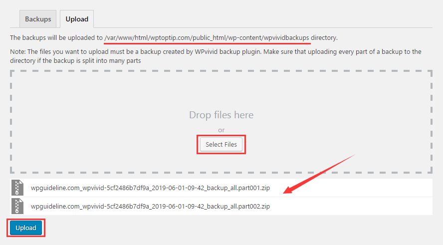 Upload the zip files of backup