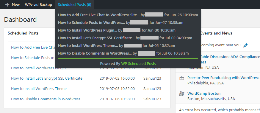 Display scheduled posts in admin bar