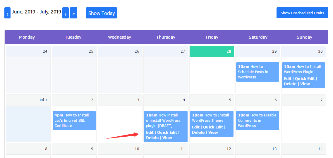 Quick edit posts schedule calendar