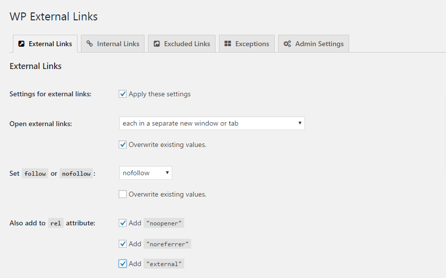 External Links settings