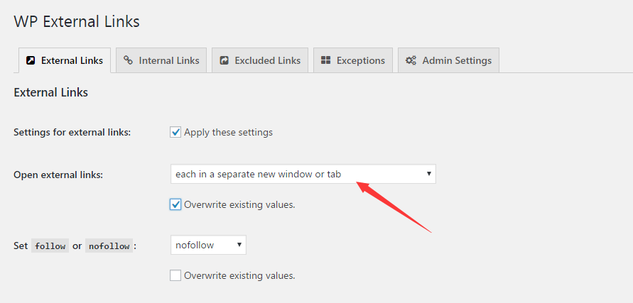 Open external links in a new window  option