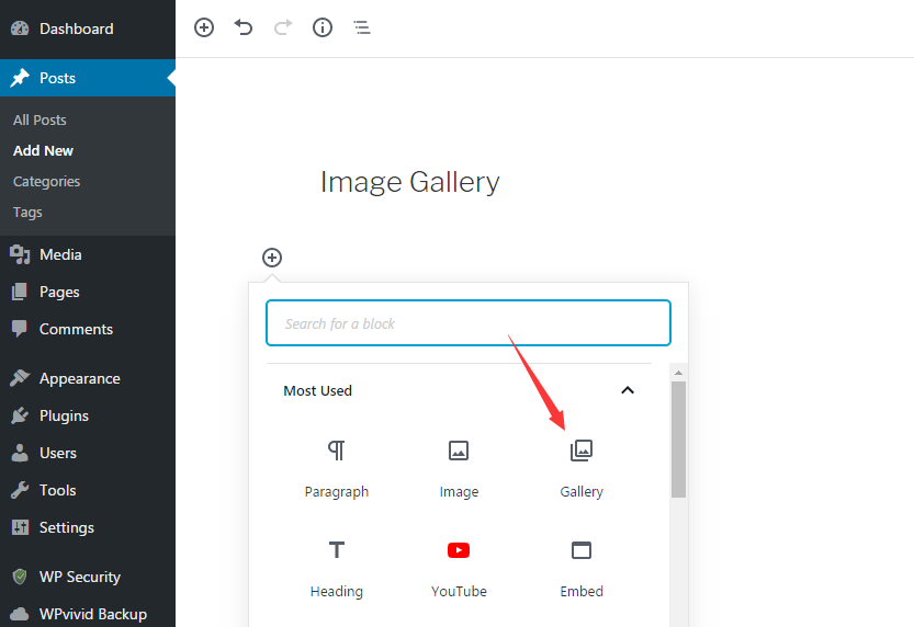 Select gallery block to create an image gallery