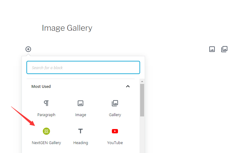 Choose NextGen Gallery block to create an image gallery in WordPress