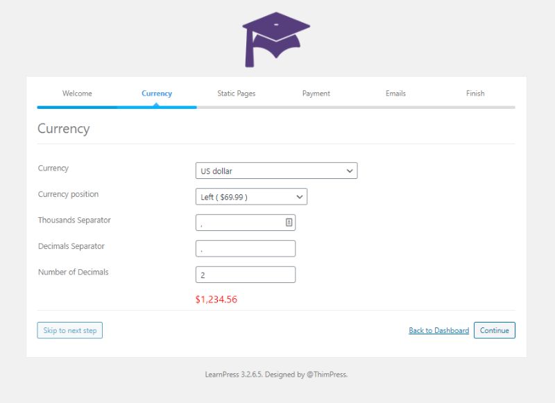 Currency LearnPress setup wizard