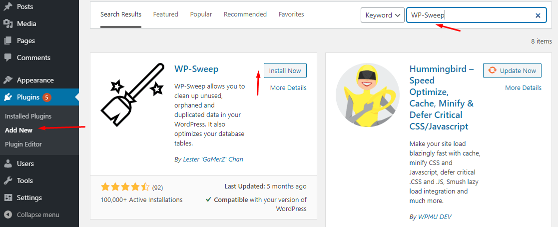 Install WP-Sweep plugin