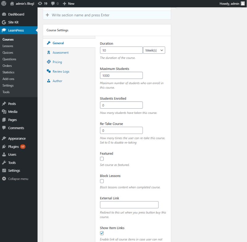 LearnPress course settings