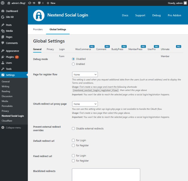 General tab of Global settings of Nextend social login