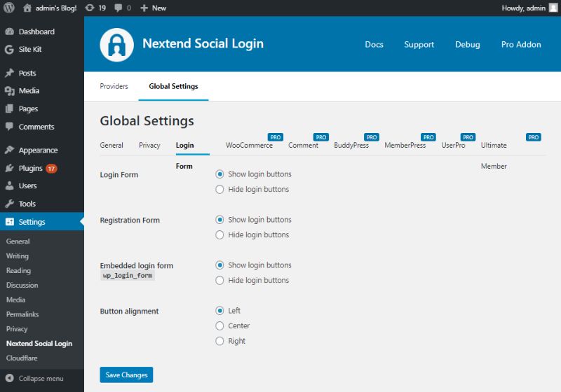 Login Form of Global settings of Nextend Social Login 