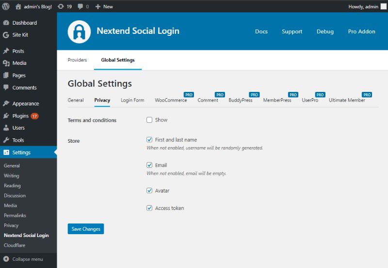 Privacy tab of Global settings of Nextend Social Login 