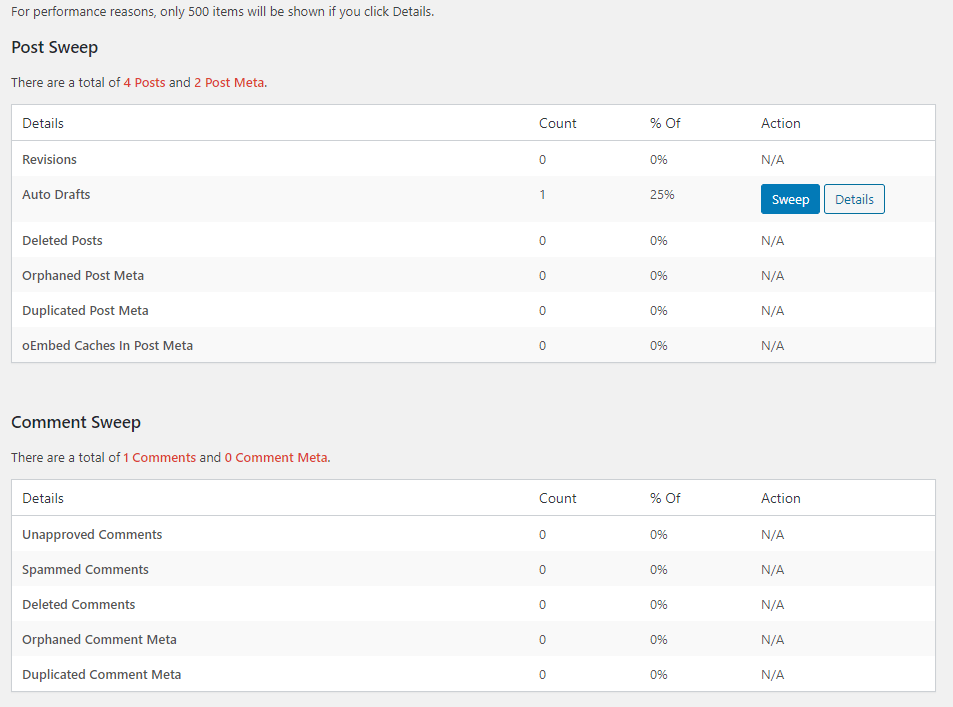 WP-Sweep interface - clean up WordPress database