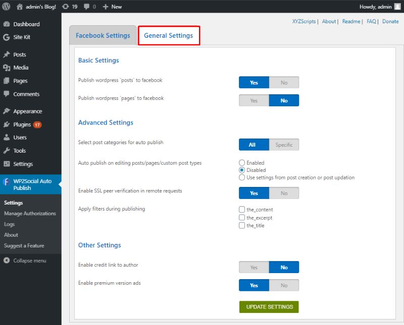 WP2Social Auto Publish general settings