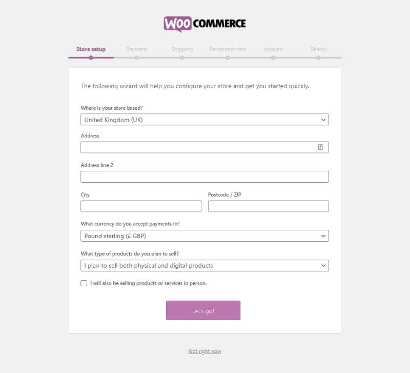 WooCommerce setup wizard