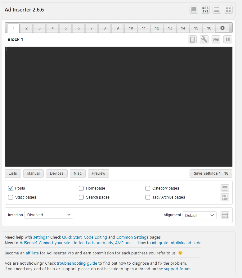 Ad Inserter settings