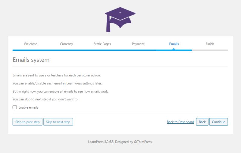 Emails LearnPress setup wizard