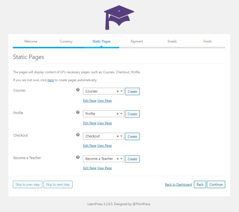 Static Pages LearnPress setup wizard