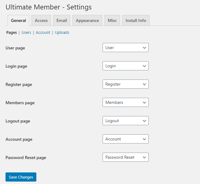 Ultimate Member - General tab page