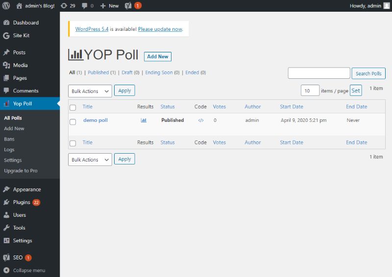 YOP Poll plugin interface