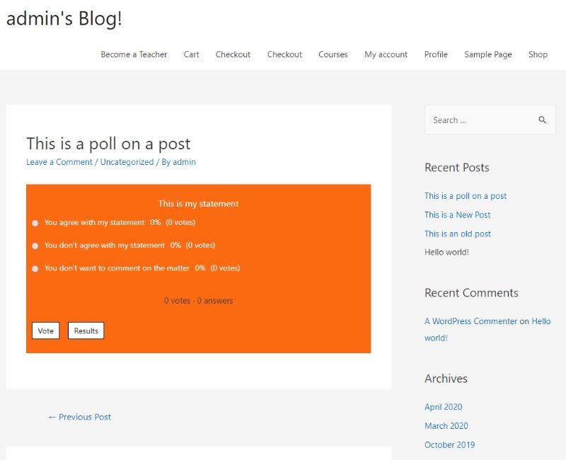 A poll created by YOP Poll in WordPress post
