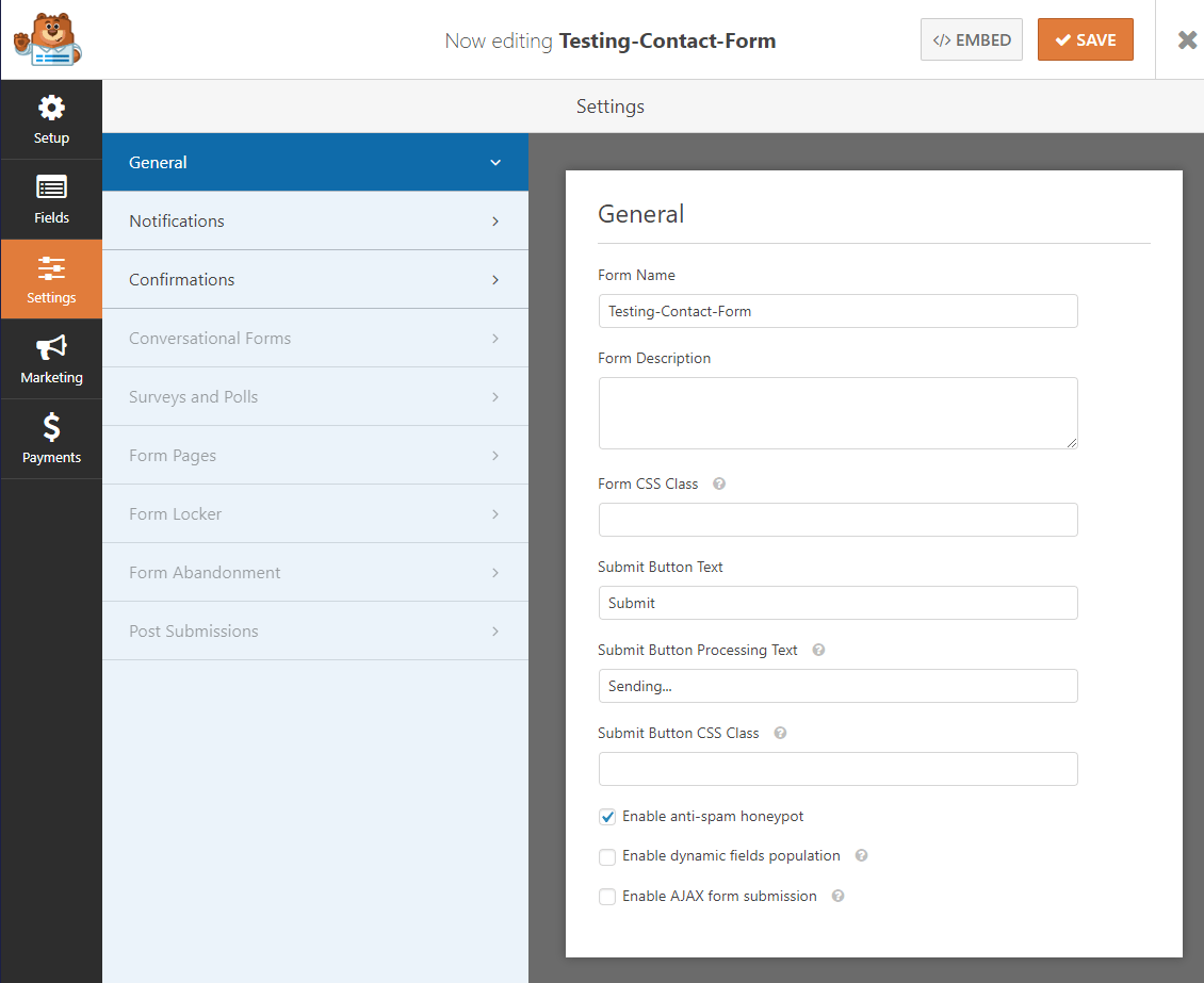 General settings of WPForms