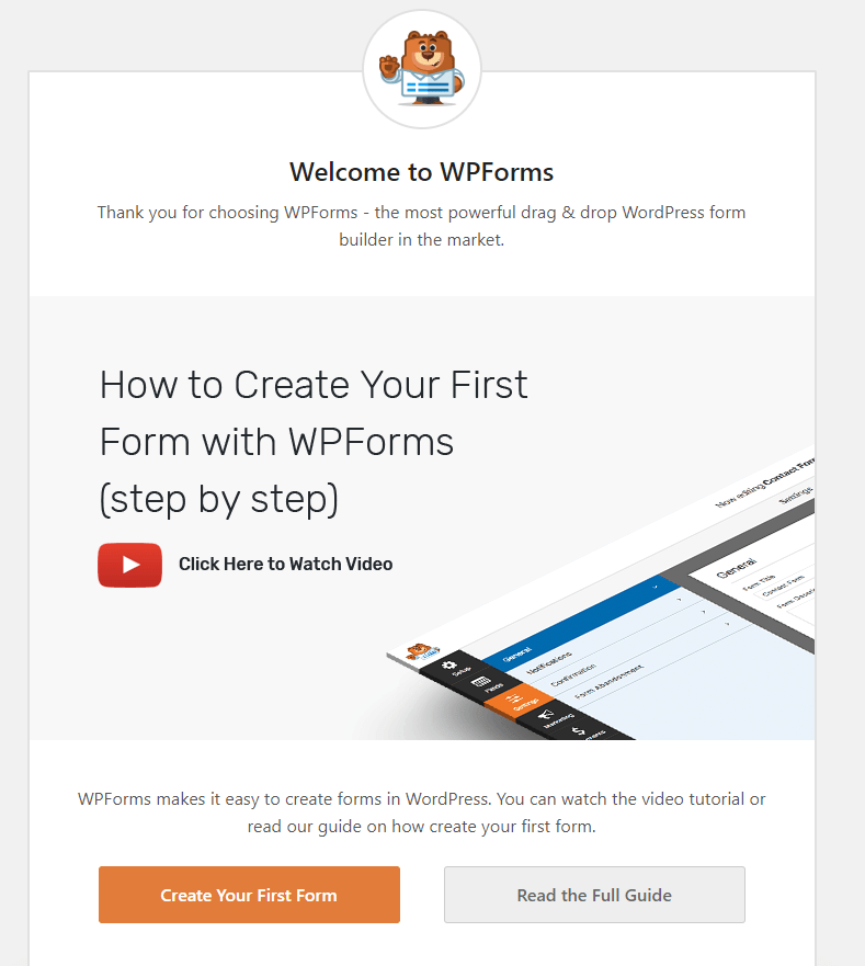 Welcome screen of WPForms