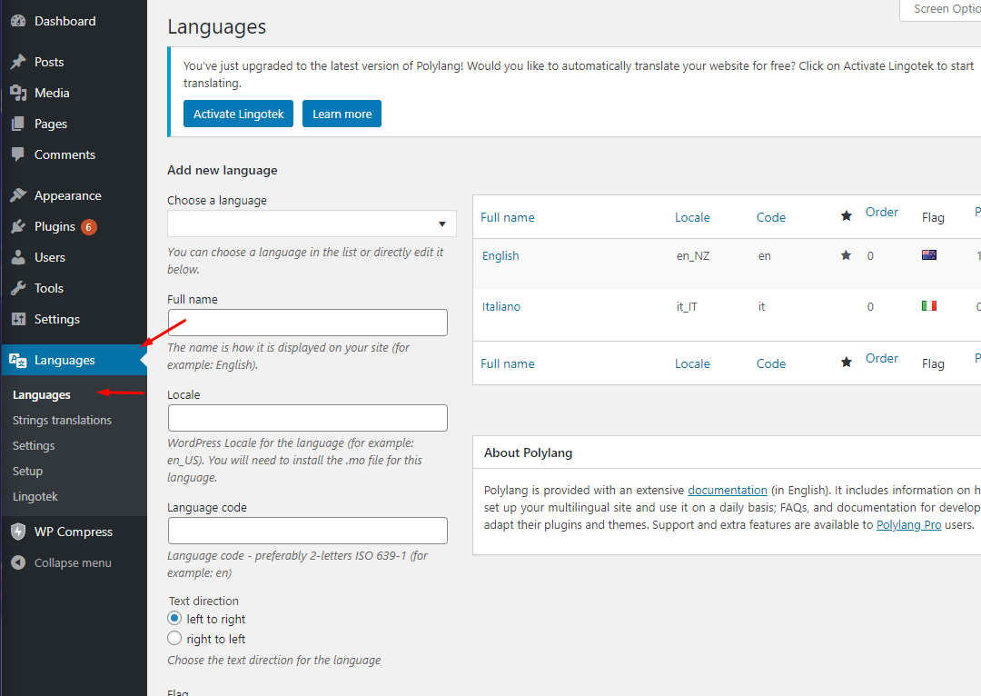 Polylang language option