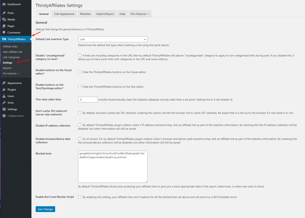 The settings of ThirstyAffiliates 